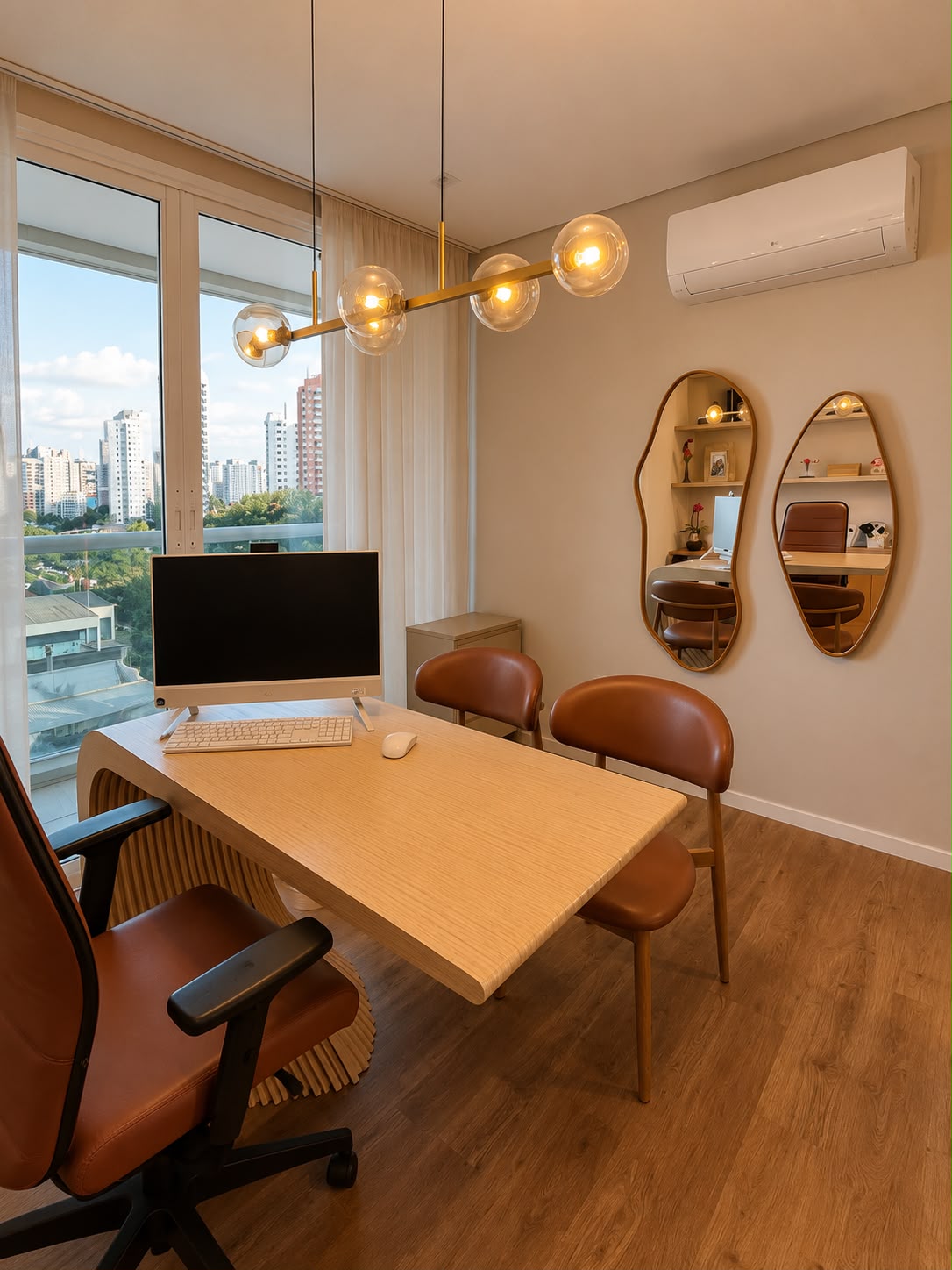 Sala de atendimento da Le Sense Clinic, com marcenaria em madeira natural