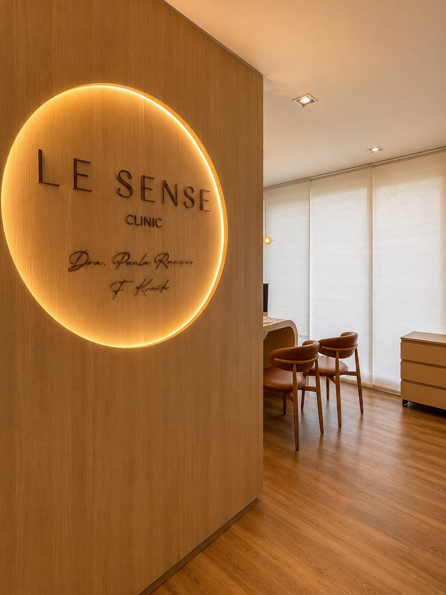 Letreiro Le Sense Clinic em madeira com luz de latão
